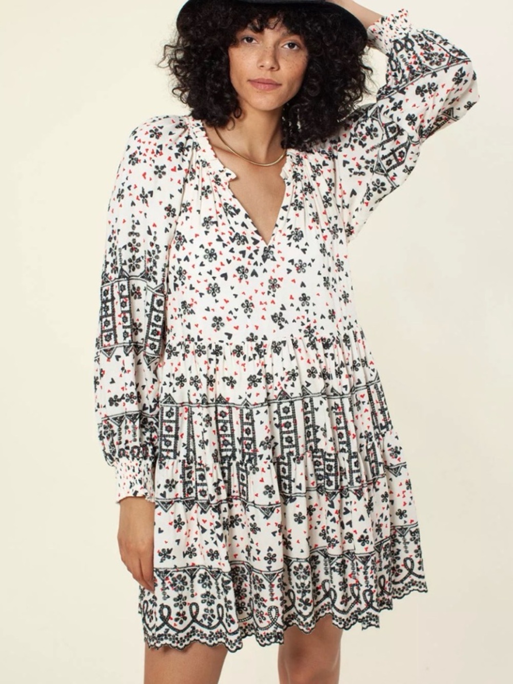 Hale Bob White Floral Tiered Mini Dress with Black & Pink Accents